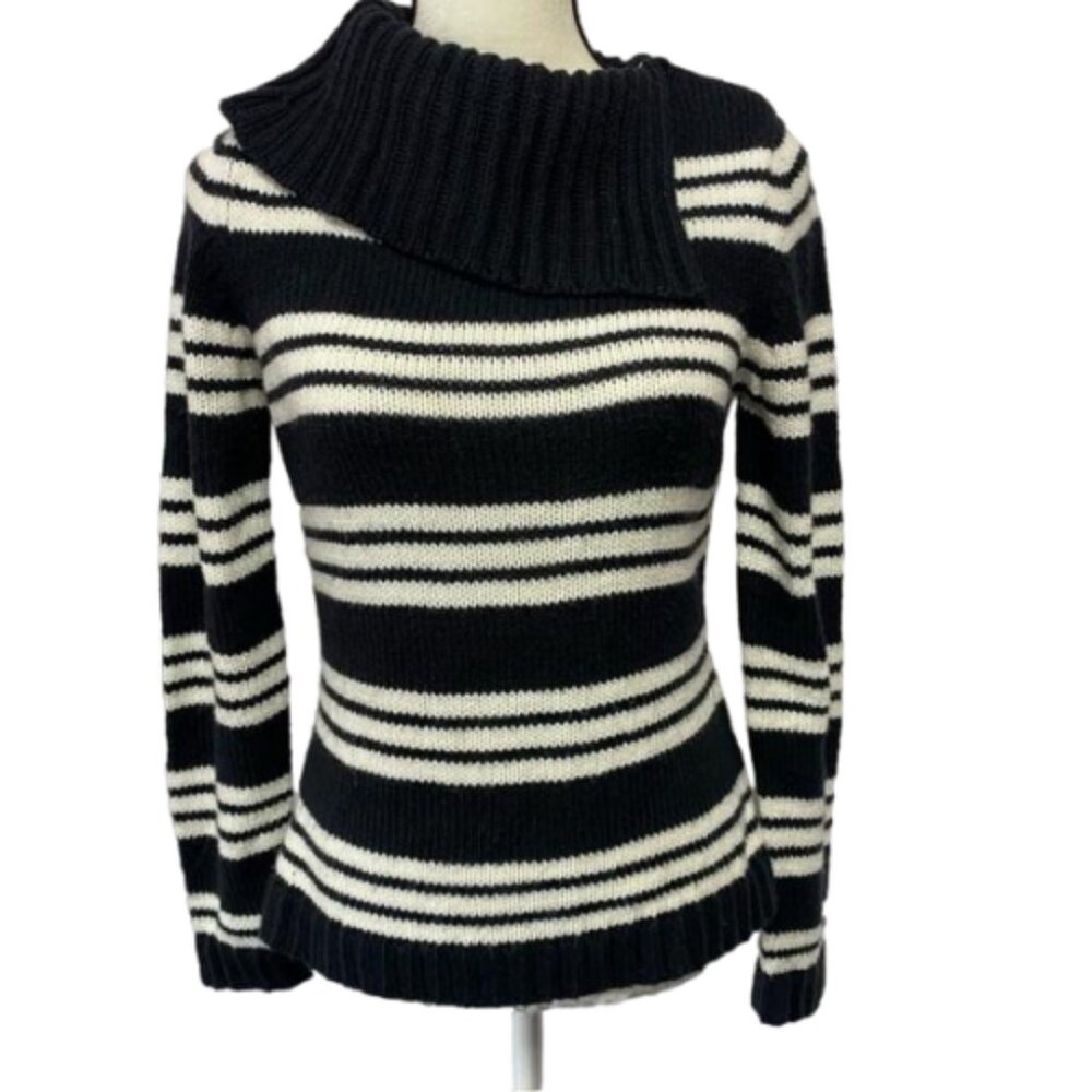 Loft Black & White Wool Blend Turtleneck Snap Detail Sweater Size S #0750